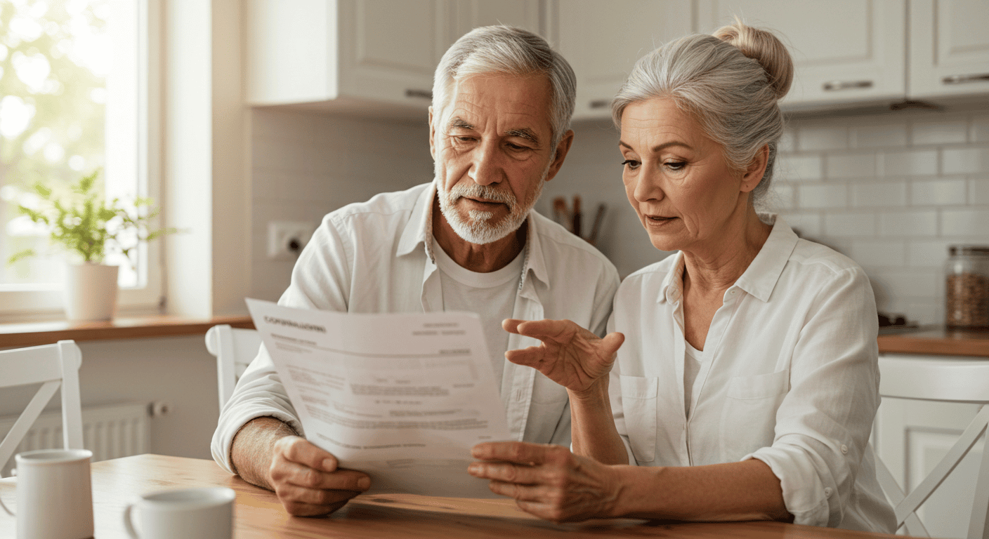 A middle-aged couple studying information about Medicare along with the pros and cons of enrolling in a Medicare Supplement Plan.