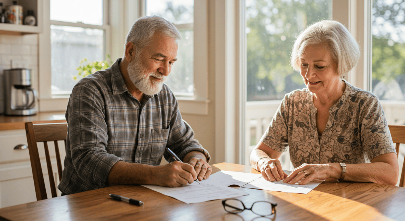 A middle-aged couple studying information about Medicare along with the pros and cons of enrolling in a Medicare Supplement Plan.