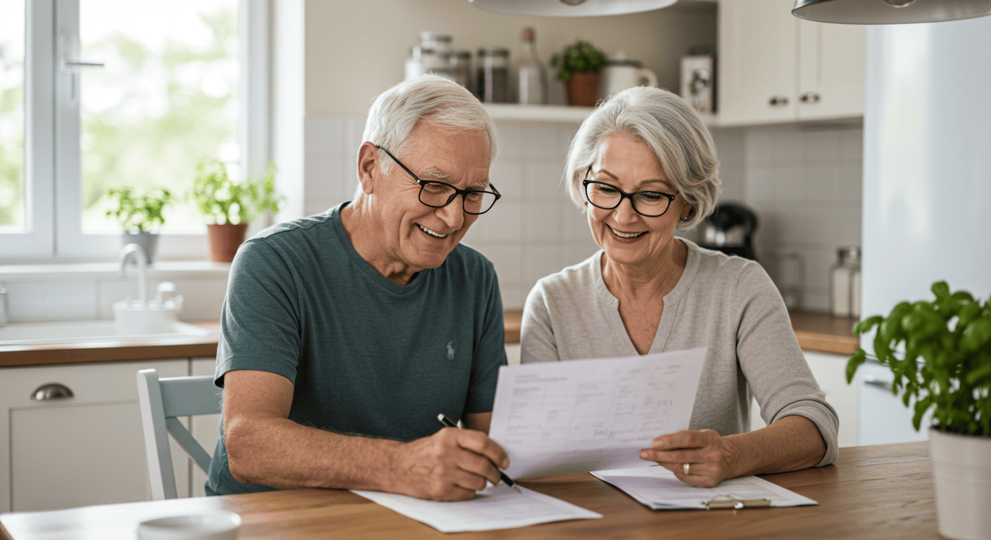 A middle-aged couple studying information about Medicare along with the pros and cons of enrolling in a Medicare Supplement Plan.